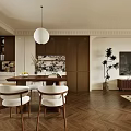 Warm Neutral Vintage Open Plan Living And Dining Room Interior With Chic Natural Wood Furnishings