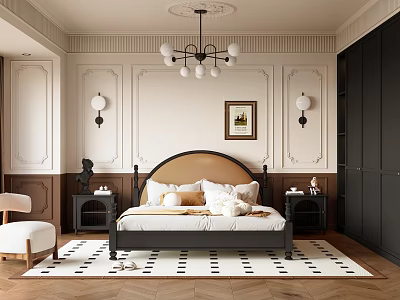 French Middle Style Bedroom Double Bed Wardrobe Chandelier Leisure Chair 3d model