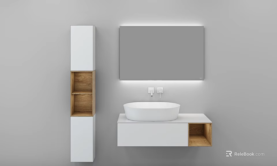 Modern Washbasin Design With White Cabinet Wooden Shelves And Large Mirror 3d model 