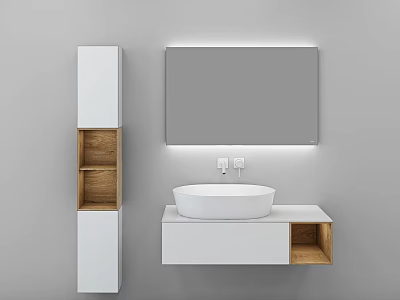 Modern Washbasin Design With White Cabinet Wooden Shelves And Large Mirror 3d model