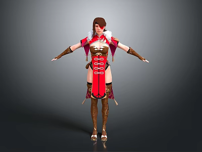 Woman in Red and Gold Ornate Outfit With Corset Design and Long Brown Boots 3d model