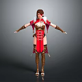 Woman in Red and Gold Ornate Outfit With Corset Design and Long Brown Boots