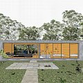Single Family House with Large Windows Lit Interior Full Moon Night Garden Courtyard Among Trees
