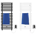 Gray Bathroom Rack With Blue Towel And Toilet Paper Holder On White Tiled Wall