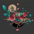 Artistic Sculpture Vase with Red Flowers Blue Leaves and Intricate Carving Details