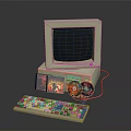 Vintage Electronic Appliances Setup With CRT Monitor Keyboard And Colorful Discs
