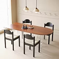 Modern Wooden Oval Brown Dining Table with Black Frame White Seat Chairs and Pendant Lights