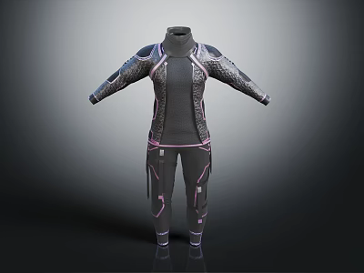 Futuristic Black Stylish Outfit With High Neck Metallic Armor Sleeves And Pink Accents 3d model