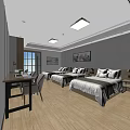 Cozy Hotel Room Interior With Twin Beds Wooden Desk And Wall Art Decorations