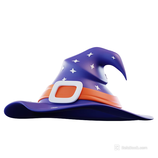 Purple Witch Hat With White Stars Orange Band And White Buckle Design 3d model 