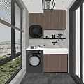 Modern Home Balcony with Washing Machine Cabinet Sink Blinds and Large Windows