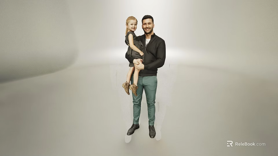 Man holding little girl in simple indoor studio with light background and soft lighting 3d model 