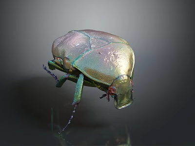 Shiny Metallic Green And Gold Beetle With Legs Antennae On Gray Background 3d model