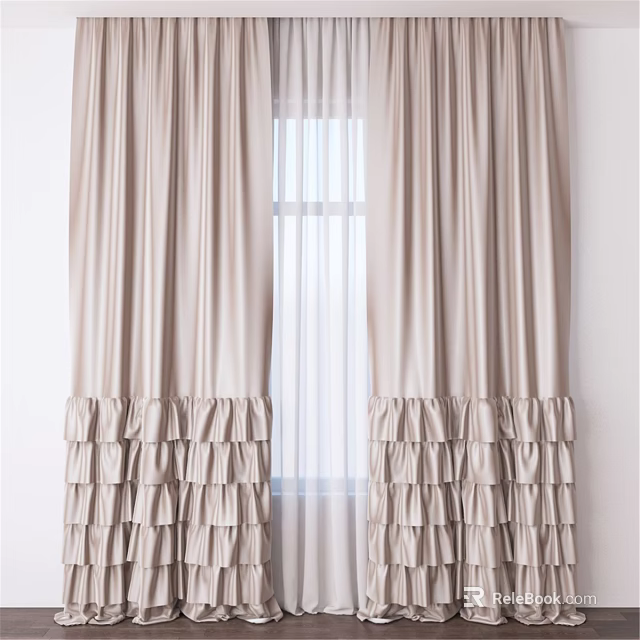 Beige Window Curtains With Ruffled Bottom And Sheer Inner Layer 3d model 