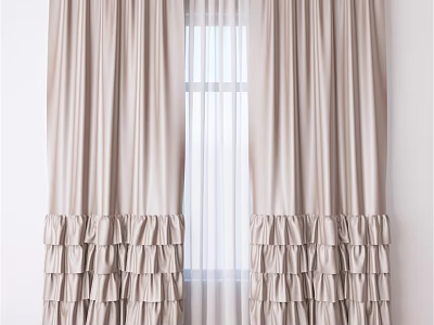 Beige Window Curtains With Ruffled Bottom And Sheer Inner Layer 3d model