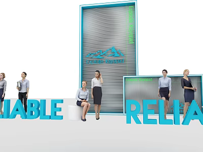 Business Professionals Standing And Sitting By Elite Software Building With Reliable Sign 3d model