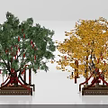 Two Arbor Trees With Green And Yellow Foliage Red Decorations Red Stands And Wooden Bases