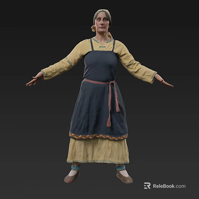 Woman In Traditional Clothing With Arms Outstretched Dark Apron Yellow Top And Pink Belt 3d model 