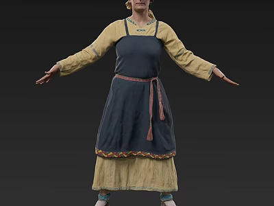 Woman In Traditional Clothing With Arms Outstretched Dark Apron Yellow Top And Pink Belt 3d model