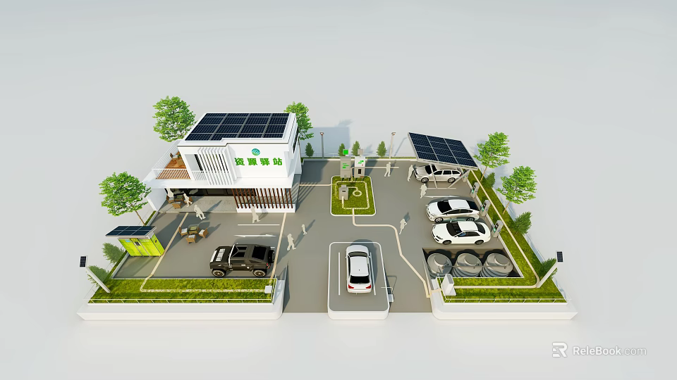 Modern Solar Powered Station with Electric Vehicle Charging Piles and Green Landscaping 3d model 