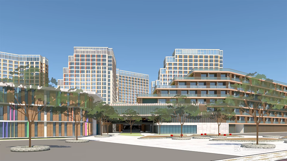 Modern Residential Architecture Featuring High rise Low rise Buildings Trees And Open Plaza 3d model 