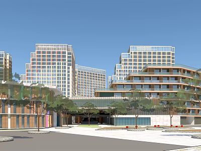 Modern Residential Architecture Featuring High rise Low rise Buildings Trees And Open Plaza 3d model