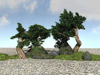 Curved Trunk Arbor Trees With Rocks Grass Blue Sky And White Clouds 3d model
