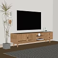 Modern Wooden TV Cabinet With Rattan Doors Drawers And TV In Living Room