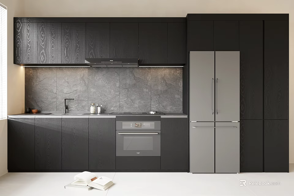 Modern Black Kitchen Cabinets With Gray Countertop Range Hood Silver Refrigerator And Oven 3d model 