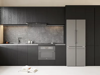Modern Black Kitchen Cabinets With Gray Countertop Range Hood Silver Refrigerator And Oven 3d model