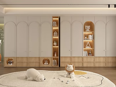 White Arched Door Wardrobe Interior With Wooden Cabinetry Storage Shelves And Kids Stuffed Toys 3d model