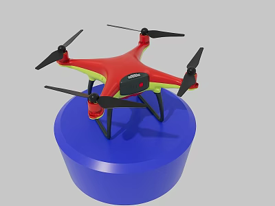 Red and Yellow Drone with Black Propellers on Blue Circular Platform 3d model