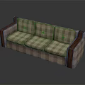 Modern Three Seater Sofa with Plaid Fabric Upholstery and Wooden Armrests