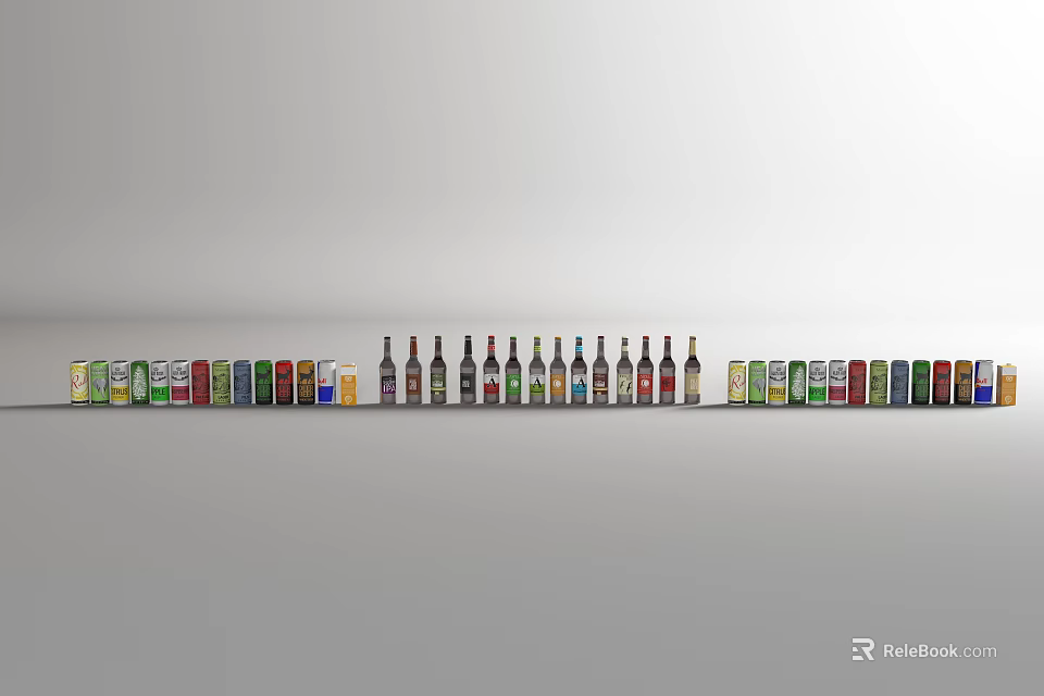 Row of Wine Bottles with Dark Center and Colorful Small Bottles on Gray Wall Background 3d model 