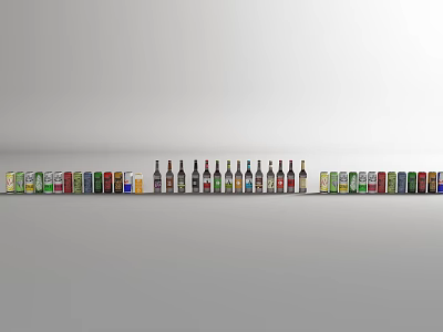 Row of Wine Bottles with Dark Center and Colorful Small Bottles on Gray Wall Background 3d model