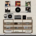 Wooden Storage Shelf with Books Vinyl Records Headphones and Audio Device in Modern Living Room