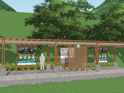 Wooden Pergola With Information Boards In Green Lawn Near Trees And Mountains Area 3d model