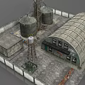 Industrial Factory Building with Arched Roof Metal Silos and Tower Structure on Concrete Ground