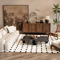 Modern Natural White Sofa Black Coffee Table Set With Checkered Rug And Wooden Chairs