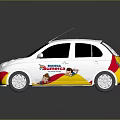White Small Car Featuring Happy Birthday Graphics Yellow Red Accents And Cartoon Characters