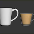 White Ceramic Mug And Transparent Glass Cup With Orange Liquid And Reflection On Dark Background