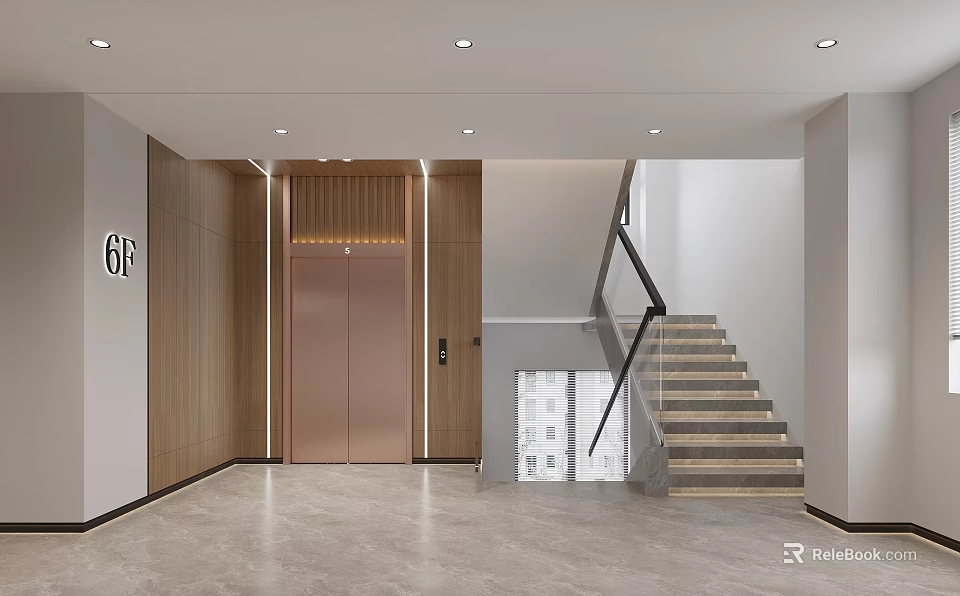 Bright Elevator Lobby With Wooden Walls Metal Doors Staircase Gray Floor And 6F Signage 3d model 