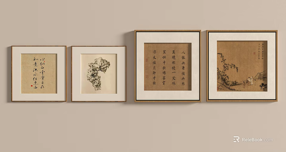 Chinese Traditional Framed Landscape Painting With Calligraphy And Mountain Water Wall Art 3d model 