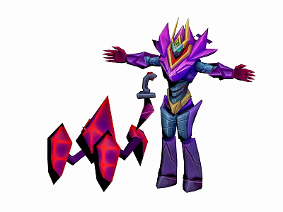 Purple Armored Character Creature With Golden Headgear And Red Weapon Parts 3d model