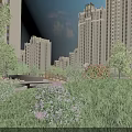Modern Residential Landscape With High Rise Buildings Green Lawns Flowering Plants And Small Bridge
