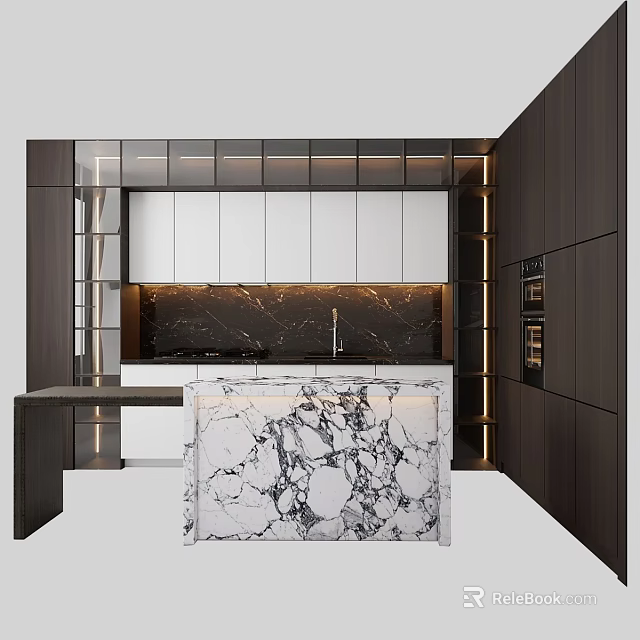 Modern Kitchen With Dark And White Cabinets And Marble Island 3d model