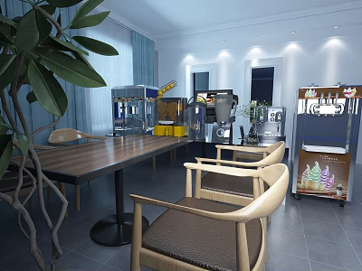 Modern Rest Area Interior With Wooden Table Chairs Large Plant Coffee Machines And Soft Lighting 3d model