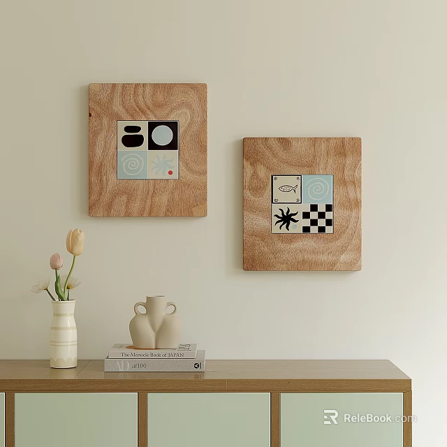 Abstract Paintings With Wooden Frames And Geometric Patterns Hanging On Wall For Interior Decor 3d model