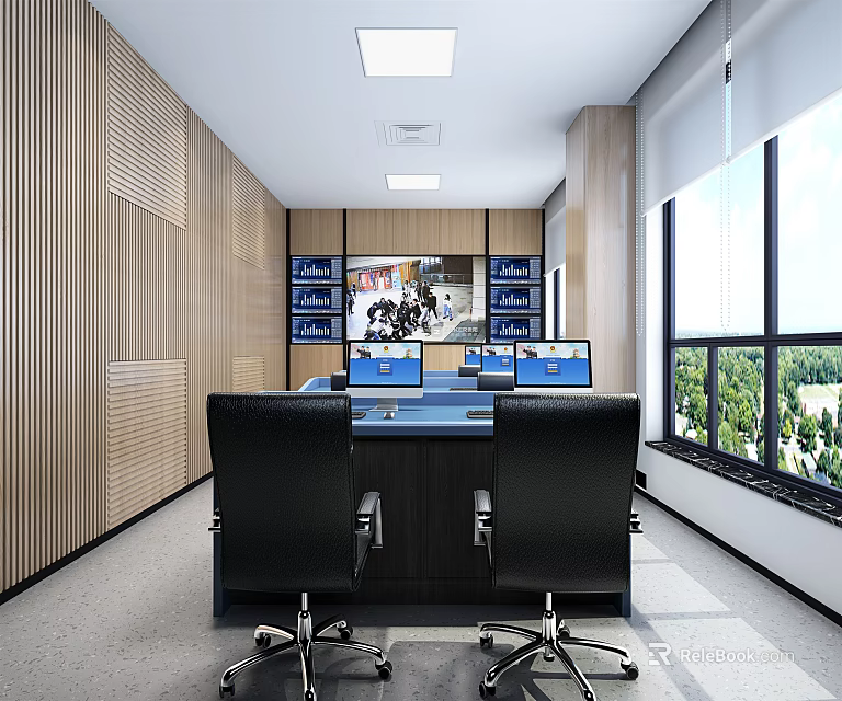 Modern Monitoring Room Interior With Multiple Monitor Screens Office Chairs And Wooden Walls 3d model 