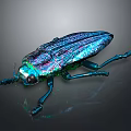 Iridescent Metallic Beetle With Colorful Exoskeleton And Shiny Legs On Dark Surface